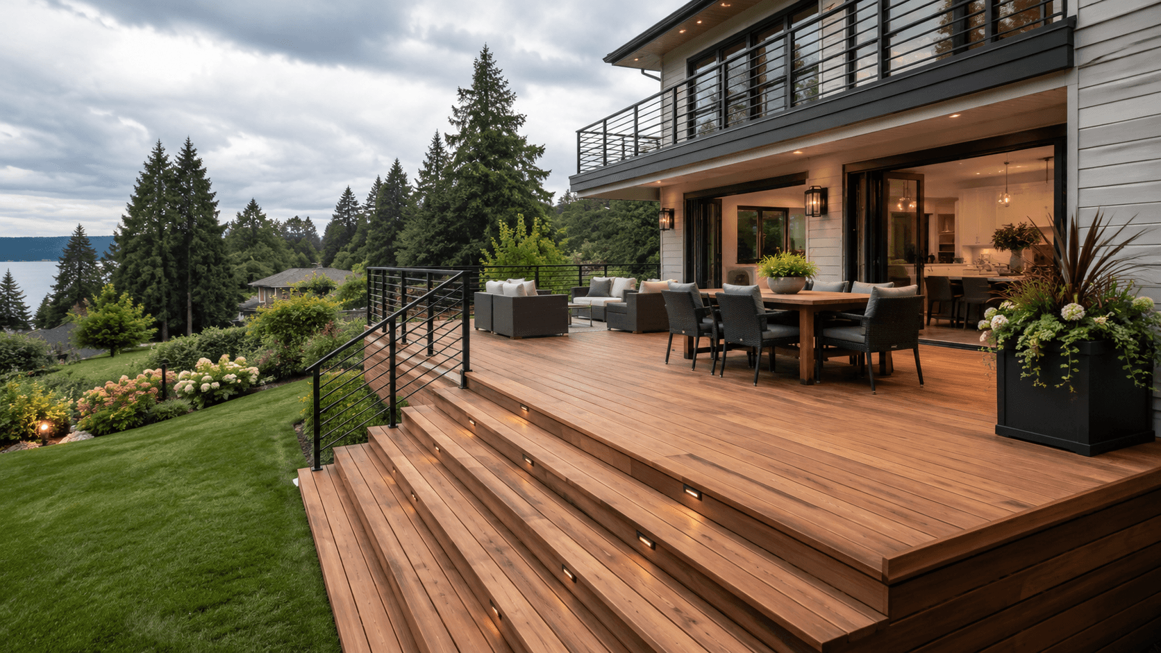 Everett-area backyard deck with Northwest trees and outdoor living space