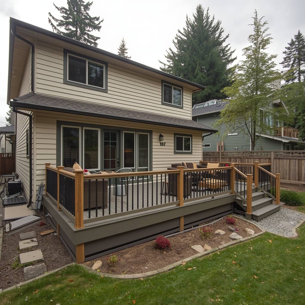 Finished Seattle backyard deck with wood railing and outdoor living space