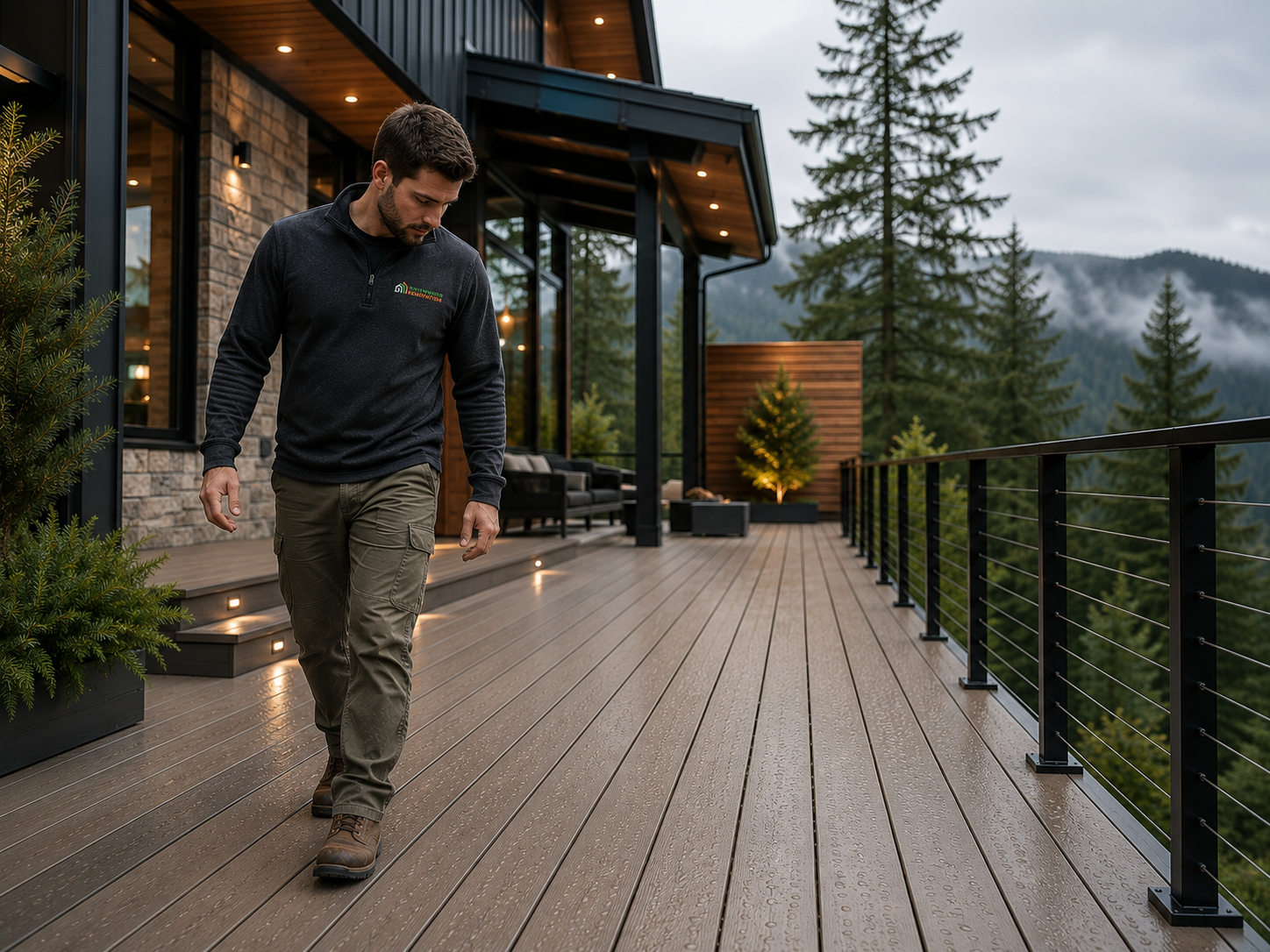 Northwood Renovation team member inspecting a rain-ready deck at a Northwest hillside home