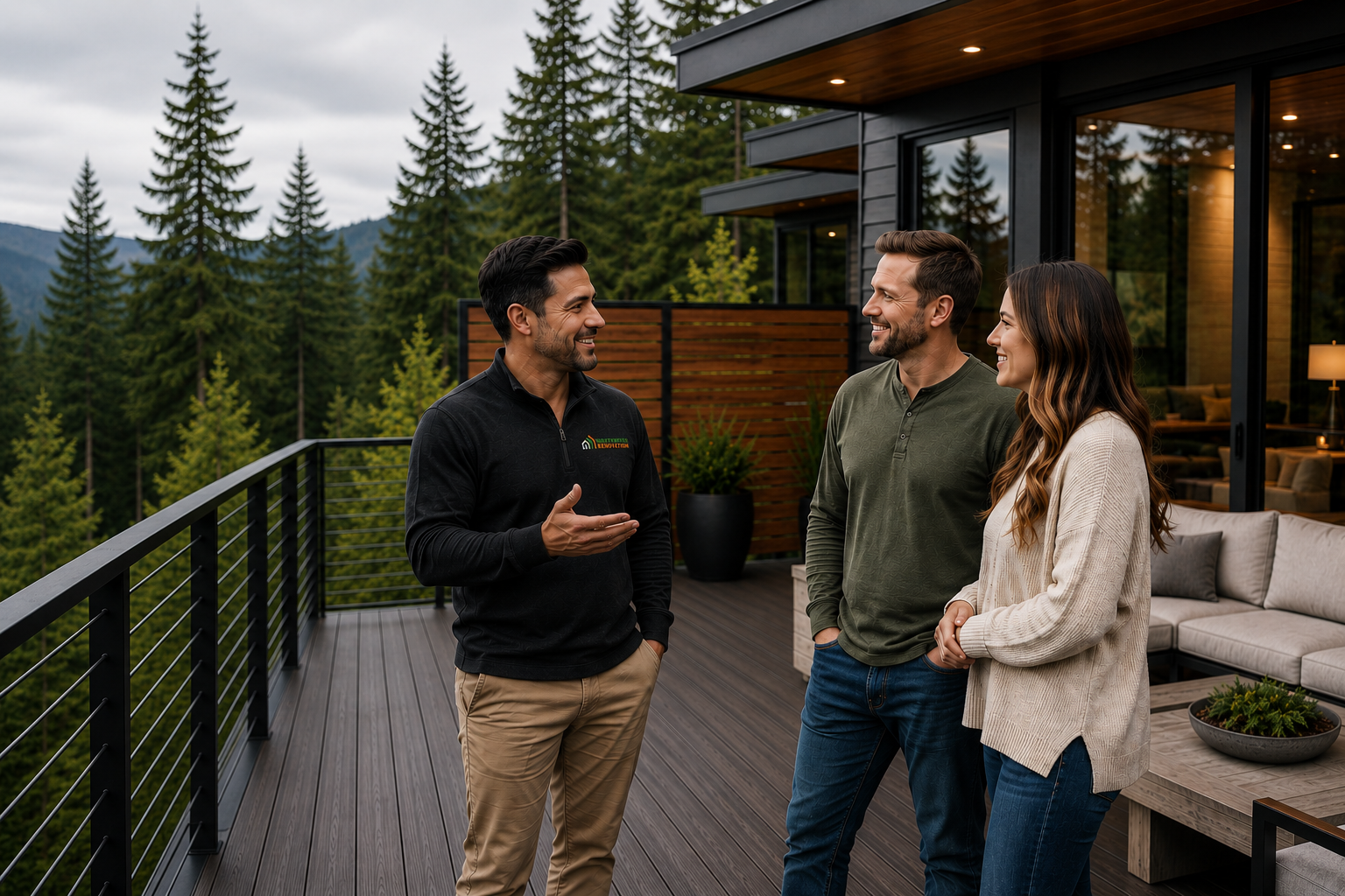 Northwood Renovation team member speaking with homeowners on a modern deck