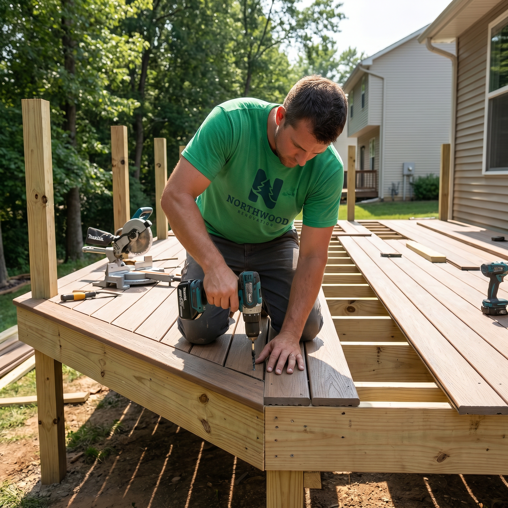 Northwood Renovation worker installing deck boards
