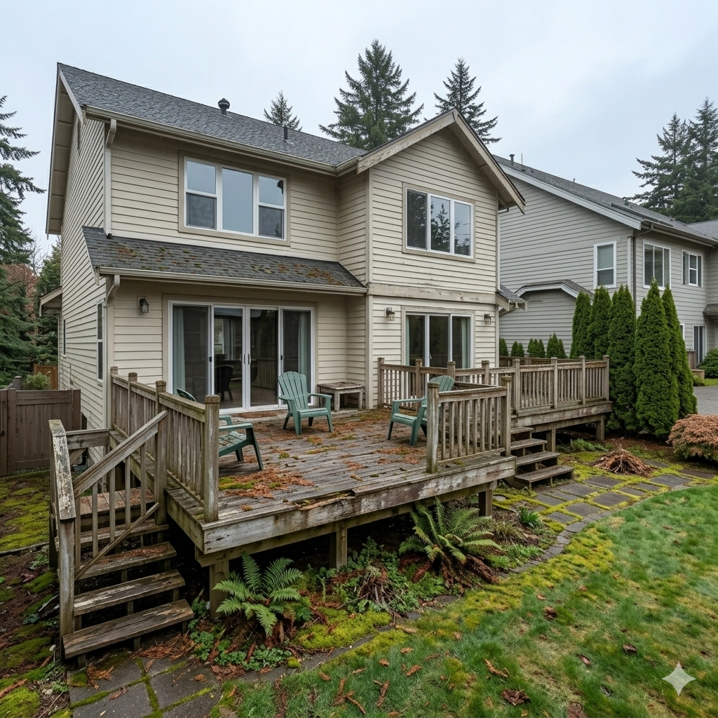 Old weathered deck boards and tired railing