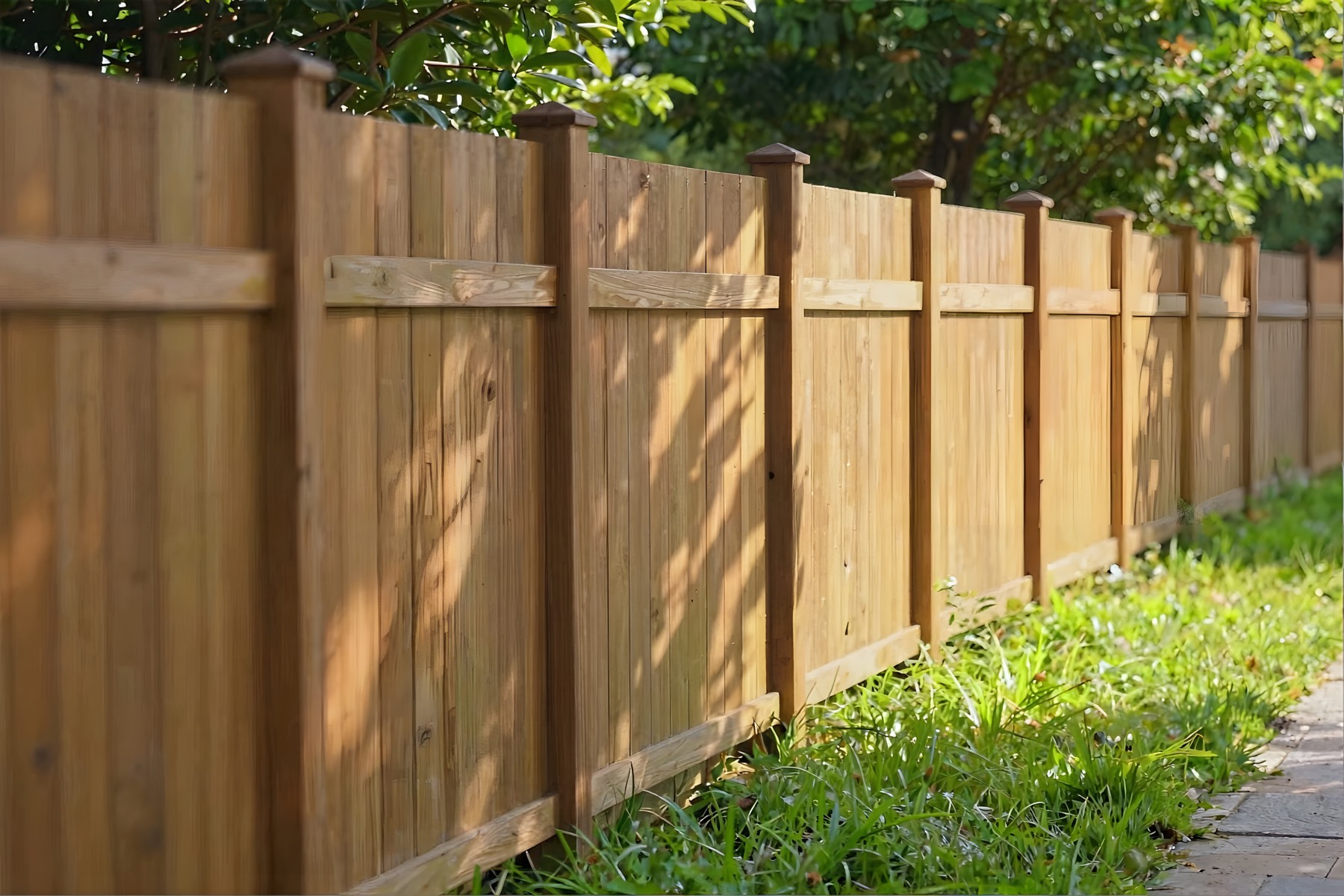 Wood privacy fence installation in a backyard