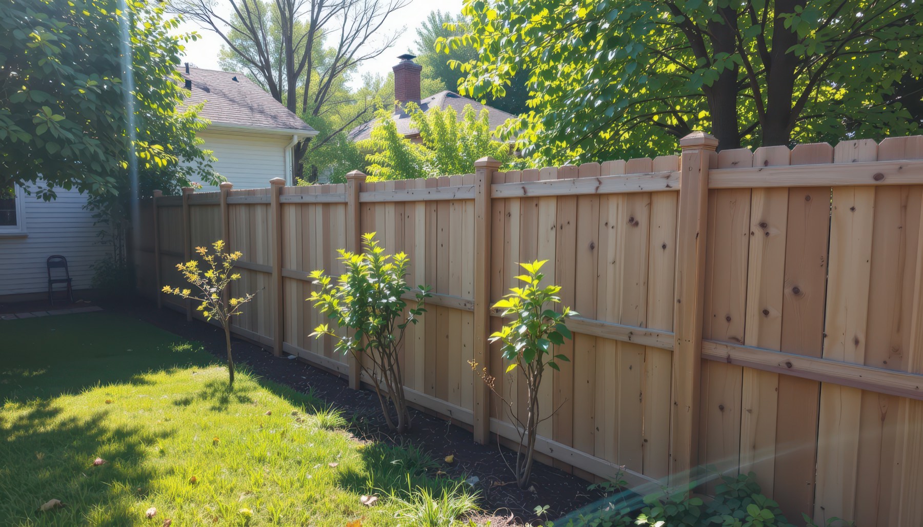 Wood fence lining backyard garden with small trees