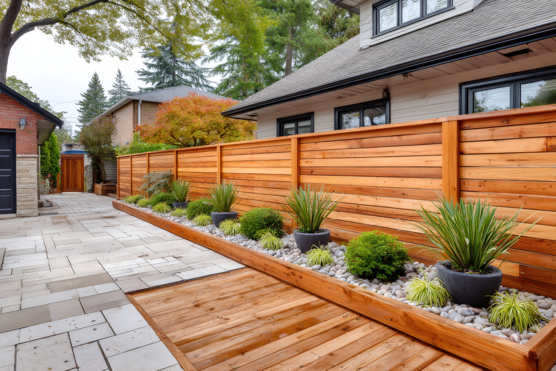 Horizontal wooden fence protecting modern backyard garden