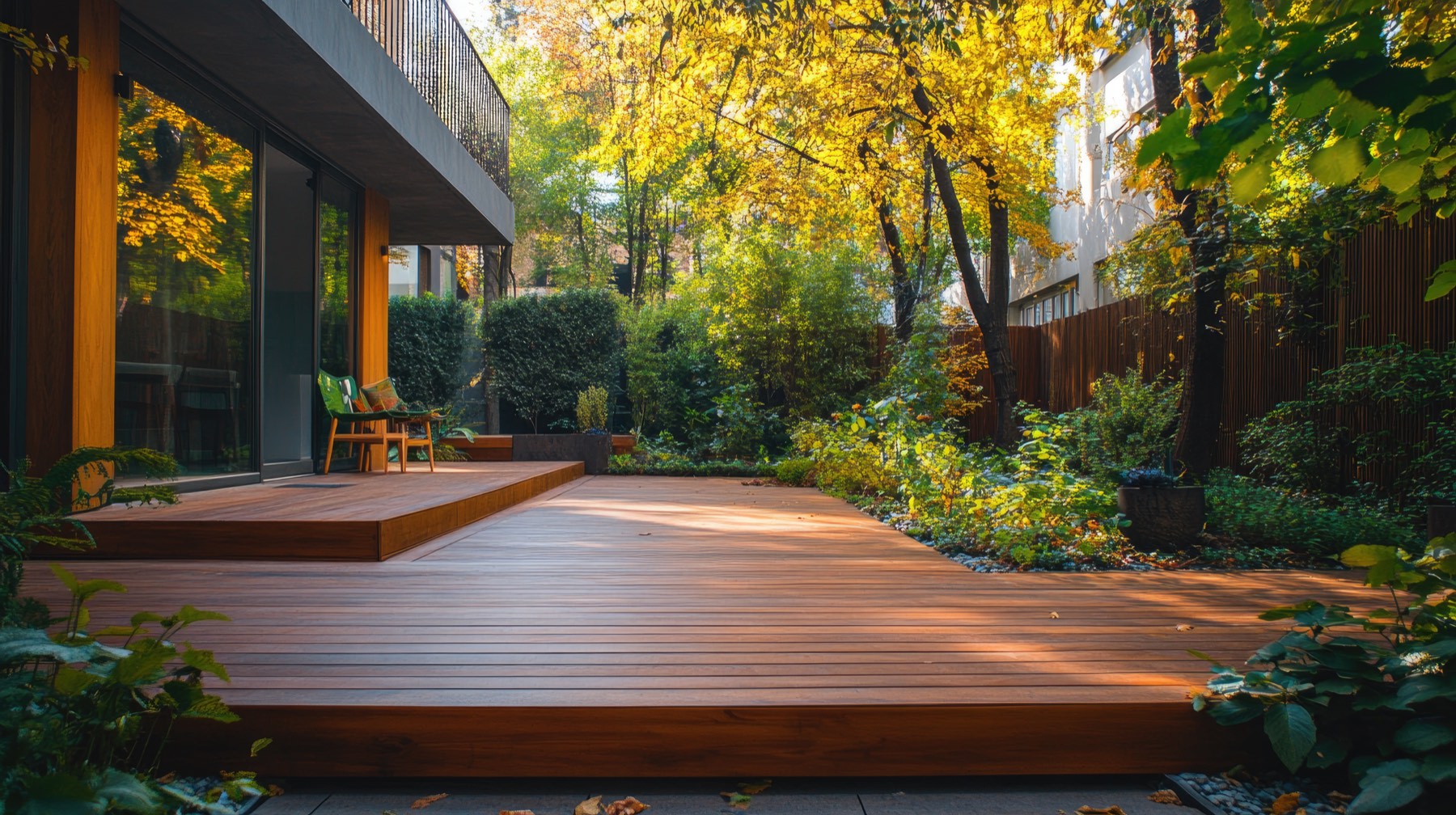 Modern backyard deck project in a garden
