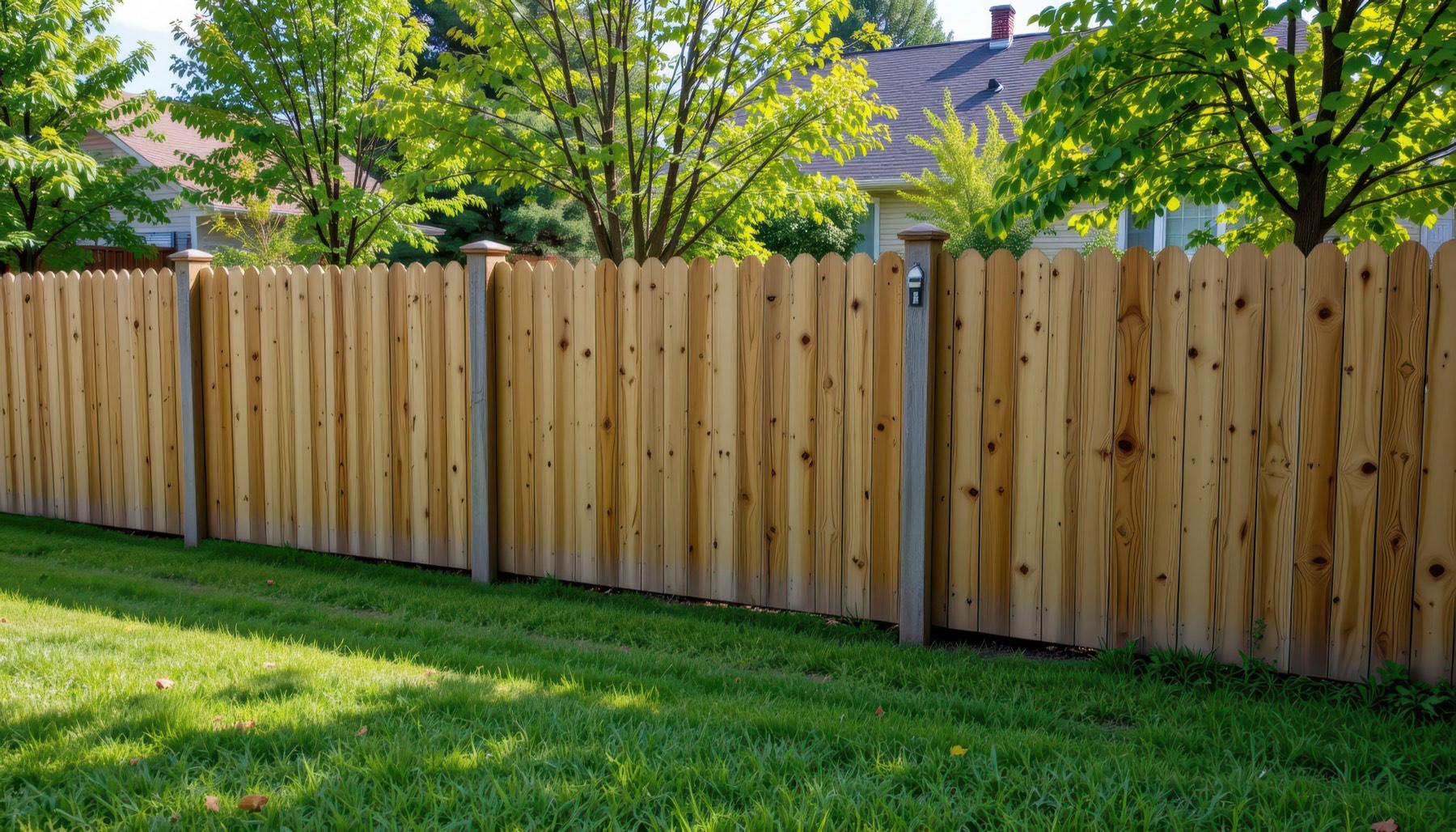 Residential fence enclosing garden with young trees