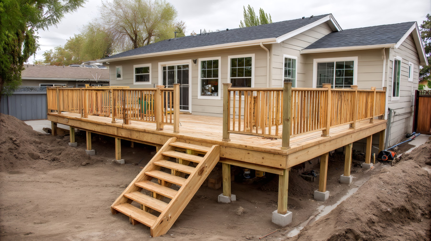 New wooden deck being constructed behind a house