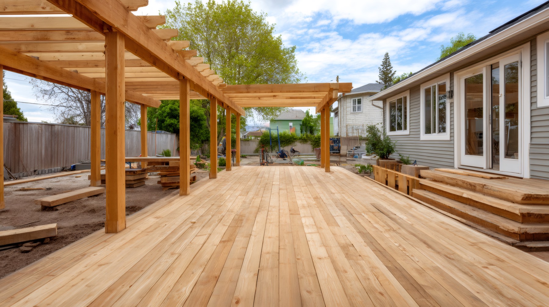 Backyard pergola and deck under construction
