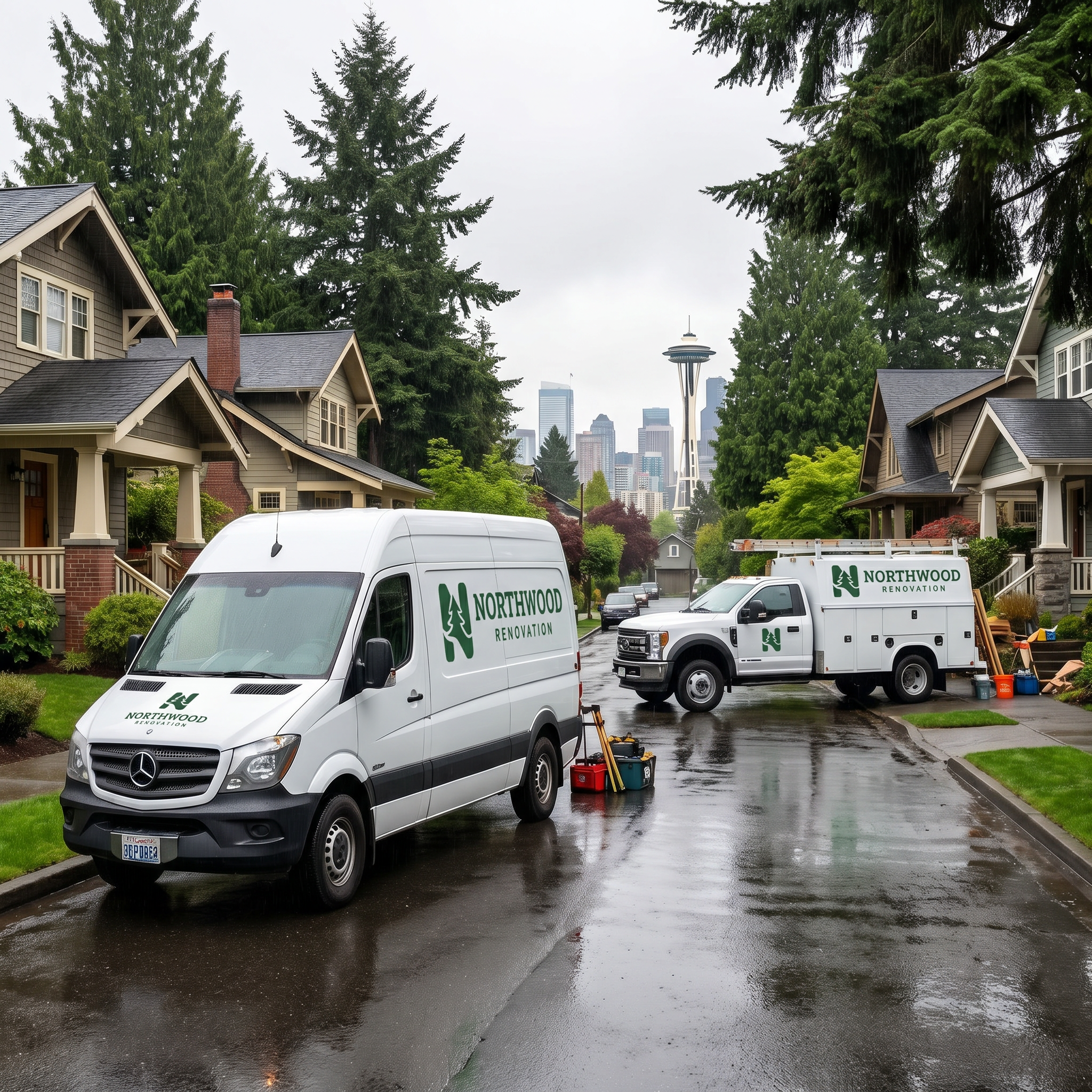 Northwood Renovation vehicles in a Seattle neighborhood
