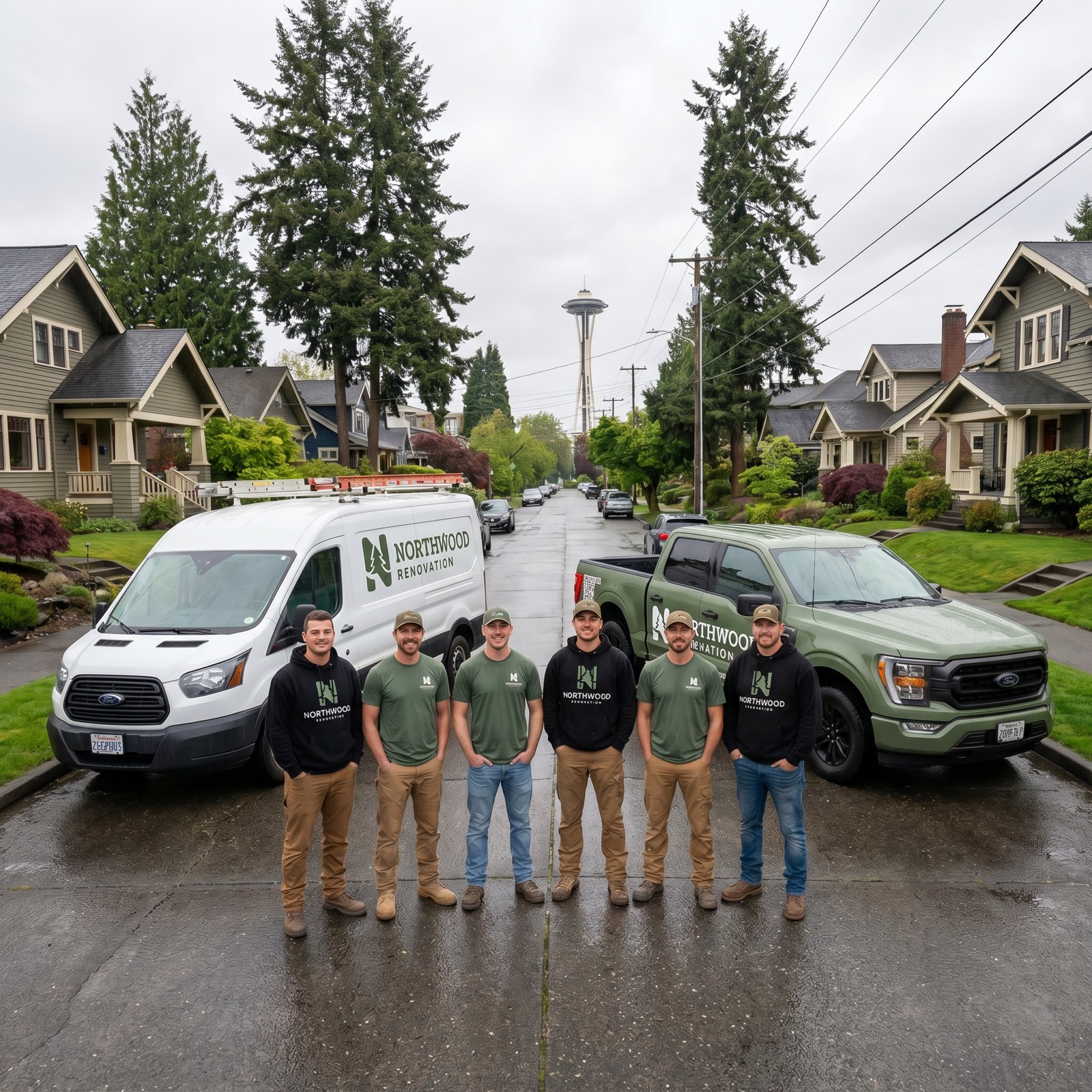Northwood Renovation team trucks in a Snohomish County neighborhood