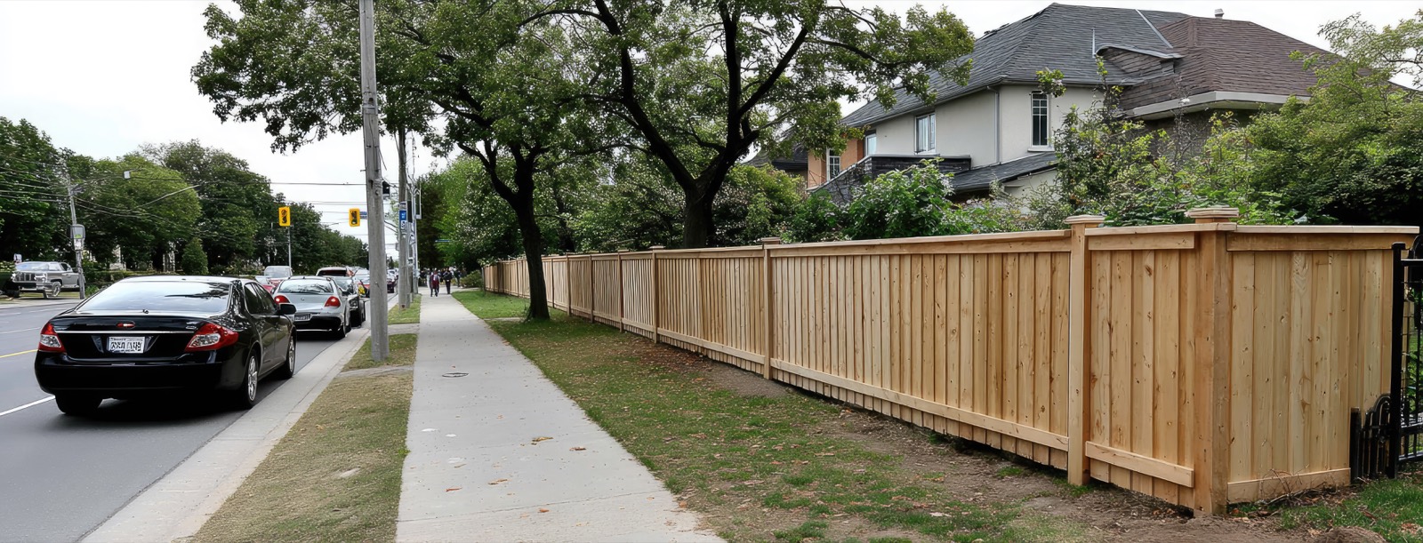 Cedar wood fence installation along a residential sidewalk