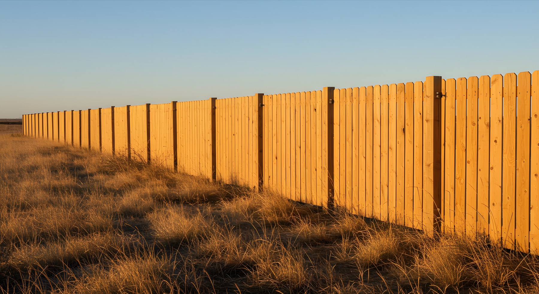 Long wood privacy fence at sunset